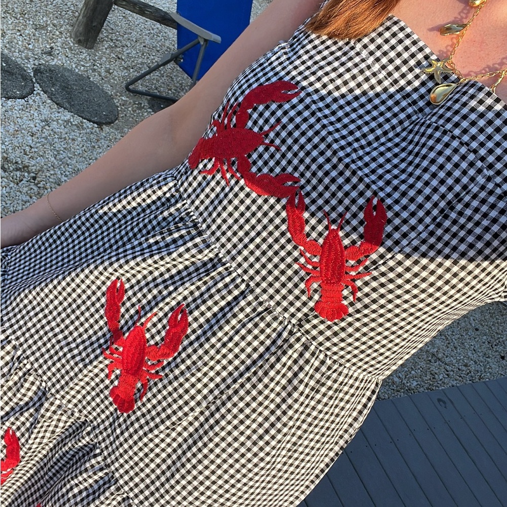 Gingham Dress with Red Lobster Embroidery
